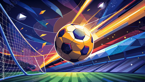Goal! A dynamic close-up of a soccer ball soaring into the goal net under the bright stadium lights, capturing the moment of victory.