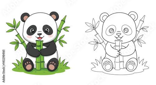 Cute Panda Coloring Page: A charming cartoon illustration of a panda bear holding a bamboo stalk, ready for coloring, features a cute and cuddly panda. Perfect for kids, adults.