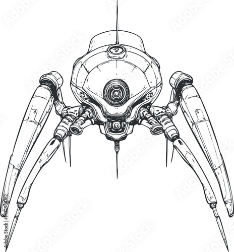 Detailed black and white sketch of a futuristic mechanical robot with four legs and a central camera eye