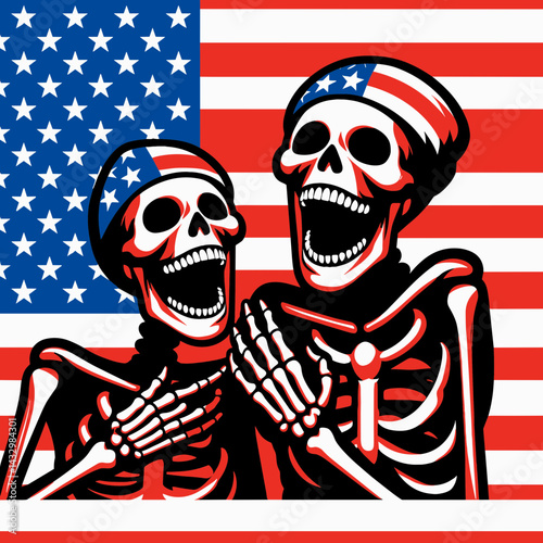 skeleton wear american flag Laughing Together. Funny Animal Vector Clip art. Bony figure in usa banner attire joyfully chuckling unity.