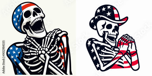 skeleton wear american flag Laughing Together. Funny Animal Vector Clip art. Bony figure garment patriotic banner jovial union cheerful festive moment.