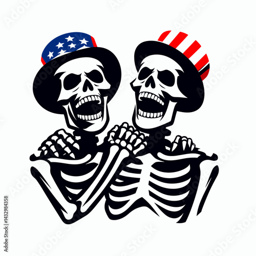 skeleton wear american flag Laughing Together. Funny Animal Vector Clip art. Bony physique donning star-spangled banner joyful moment among companion.