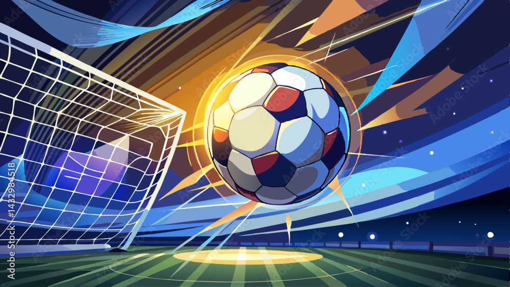 Naklejka premium Goal! A dynamic close-up of a soccer ball soaring into the goal net under the bright stadium lights, capturing the moment of victory.