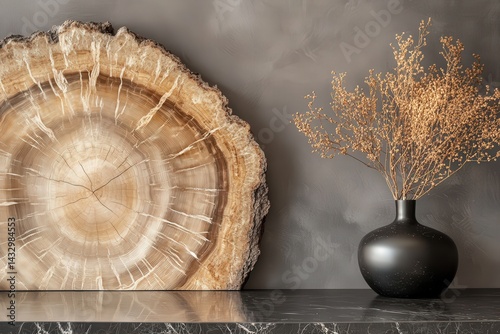 Modern interior design featuring a petrified wood slice and dried botanicals. photo