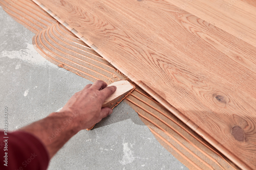 Professional handyman installing laminate flooring in a new apartment.