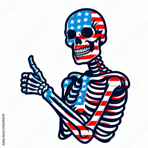 skeleton wear american flag making a thumb up gesture. Funny Animal Vector Clip art. Bony figure in star-spangled banner apparel giving positive hand signal.