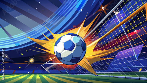 Goal! A dynamic close-up of a soccer ball soaring into the goal net under the bright stadium lights, capturing the moment of victory.