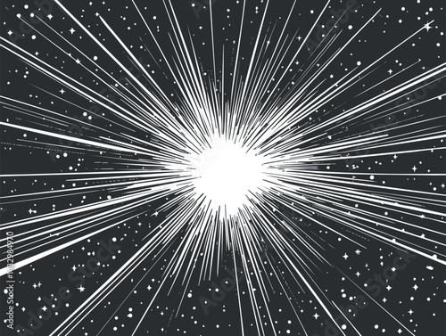 Abstract illustration of a bright white explosion or starburst with radiating lines on a dark space background