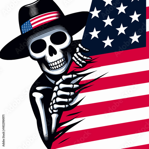 skeleton wear american flag peeking. Funny Animal Vector Clip art. Bony form patriotic banner hint usa symbol covert pop body display.