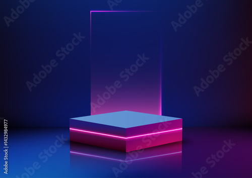 futuristic neon pink podium 3d mockup glowing lights technology concept modern product display showcase blue purple gradient background