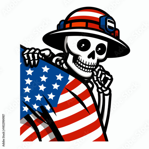 skeleton wear american flag peeking pose. Funny Animal Vector Clip art. Bony figure clothing patriotic banner glimpse position design.