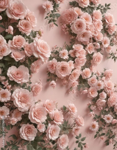 Elegant muted pastel pink floral wall; vintage style artificial blooms,  flower wall background,  photography