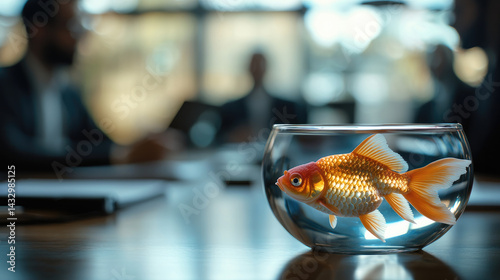 goldfish swims gracefully in clear bowl, surrounded by blurred office environment. scene captures moment of tranquility amidst busy workspace, evoking sense of calm