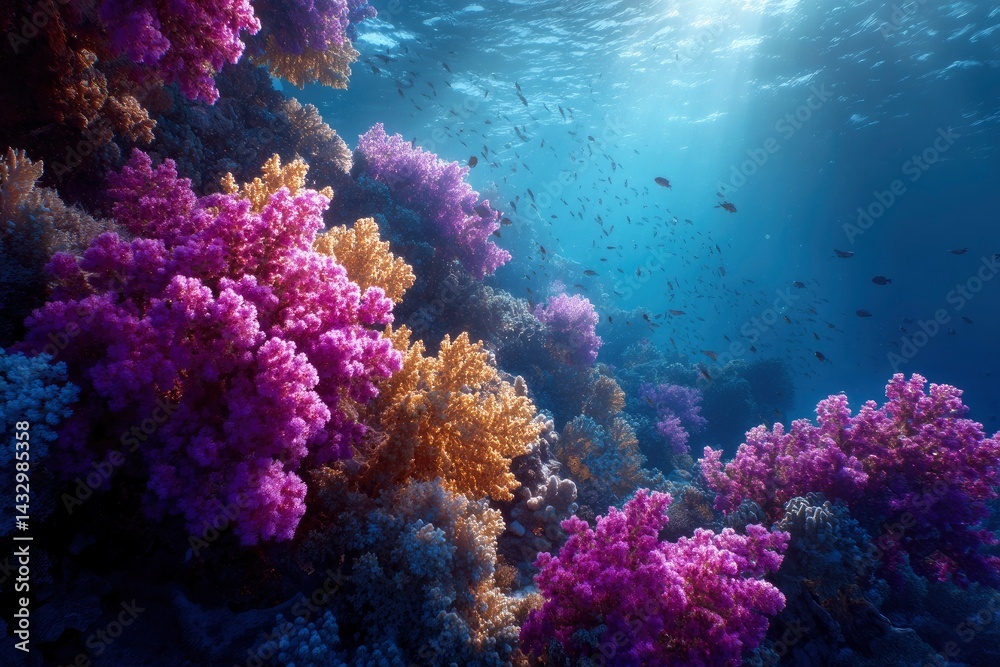 Naklejka premium Coral Reef Underwater with Fish and Sunlight