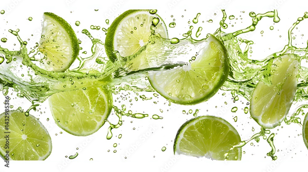 A refreshing splash of lime soda, droplets scattering in every direction against a pure white backdrop. A refreshing splash of lime soda, droplets scattering in every direction against a pure white backdrop.