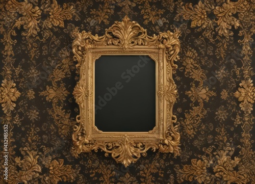 Intricate gold frames adorn opulent damask floral fabric  , classic, silk