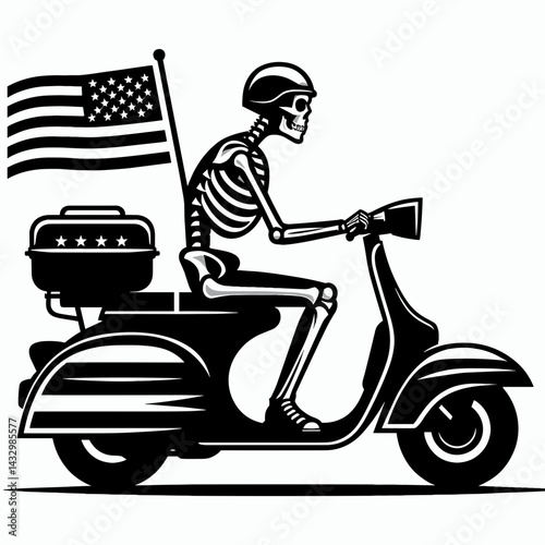 skeleton wear american flag ride retro scooter. Funny Animal Vector Clip art. Bony figure patriot apparel cruising antique motor vehicle.