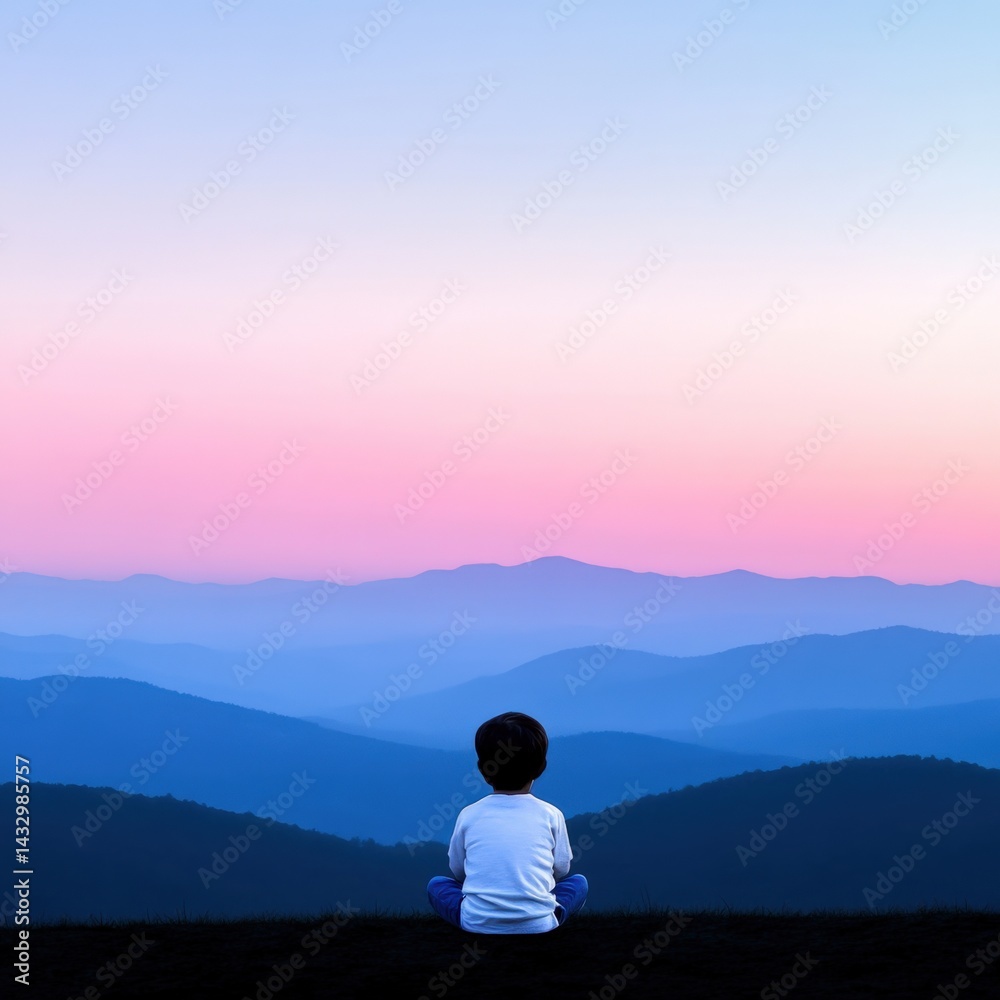 Obraz premium Child sits overlooking blue mountains