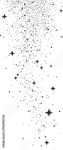 Black and white illustration of scattered stars and sparkles creating a cosmic night sky pattern