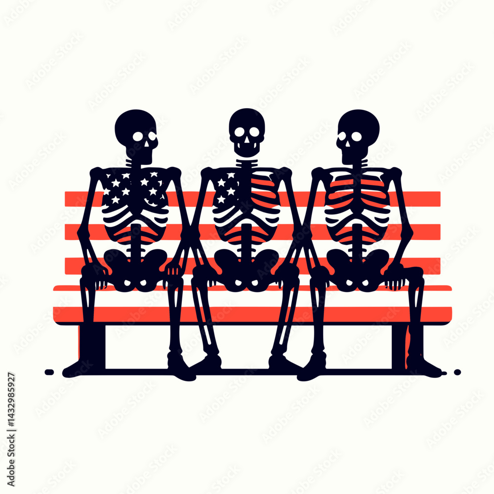 Fototapeta premium skeleton wear american flag Sitting together on a bench. Funny Animal Vector Clip art. Bony figure attire patriotic banner resting jointly upon outdoor seat.