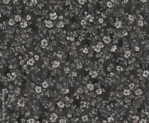 Delicate charcoal grey micro-floral wallpaper, repeating design , fabric, botanical, pattern