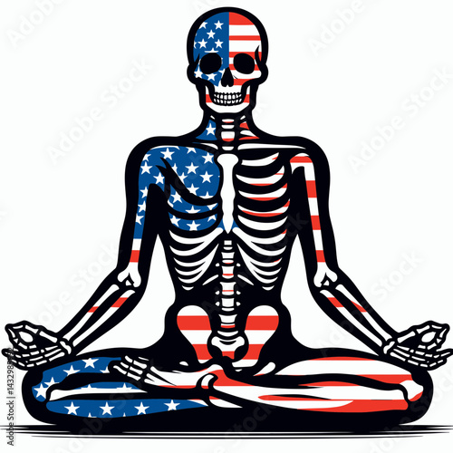 skeleton wear american flag sitting yoga poses. Funny Animal Vector Clip art. Patriotic bony figure clad in stars and stripes doing asana exercise posture.