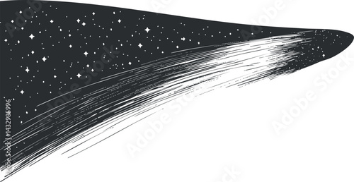 Black and white illustration of a comet with a bright tail streaking across a starry night sky in space
