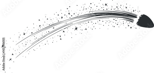 Black and white illustration of a shooting star with a sparkling curved tail in the night sky.