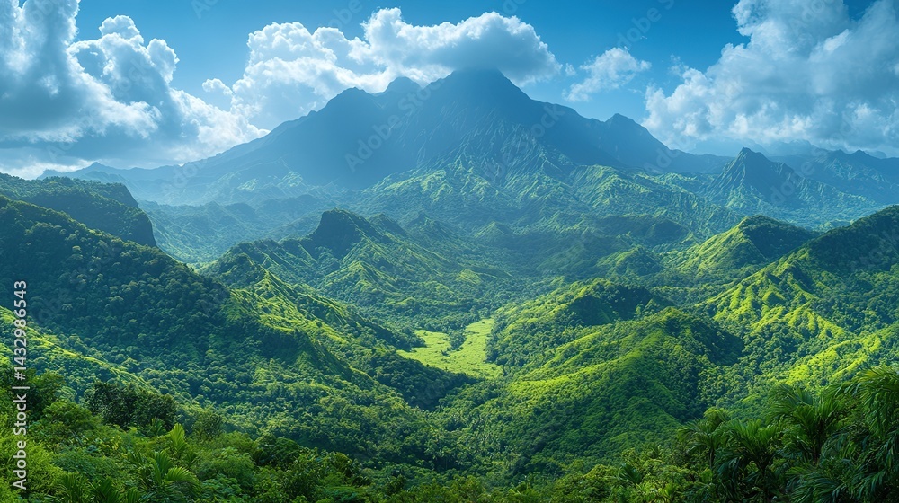 Naklejka premium Lush Green Mountainscape Under a Blue Sky with Puffy Clouds
