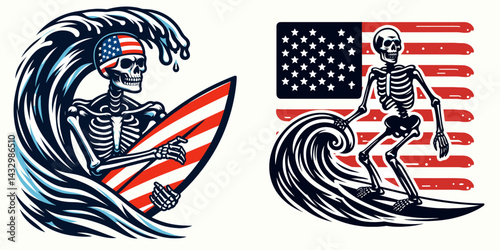 skeleton wear american flag wave Surfing. Funny Animal Vector Clip art. Bony apparel star-spangled banner flow ocean adventure sport.