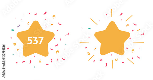 Award reward star points earned received icon flat cartoon graphic illustration set, new rating score bonus achieved medal sign symbol, quality medal golden game with confetti surprise
