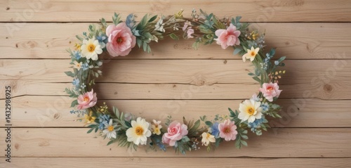 Delicate watercolor floral wreath on rustic wood; perfect for spring invitations ,  blossom,  soft