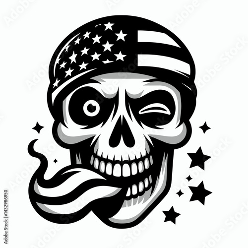 skeleton wear american flag Winking Face With Tongue. Funny Animal Vector Clip art. Patriotic skull attire showing playful expression national banner.