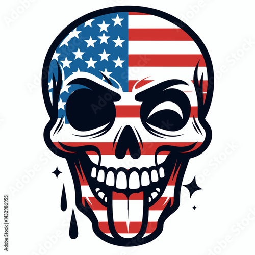 skeleton wear american flag Winking Face With Tongue. Funny Animal Vector Clip art. Bony figure in star-spangled banner apparel comical expression design element.