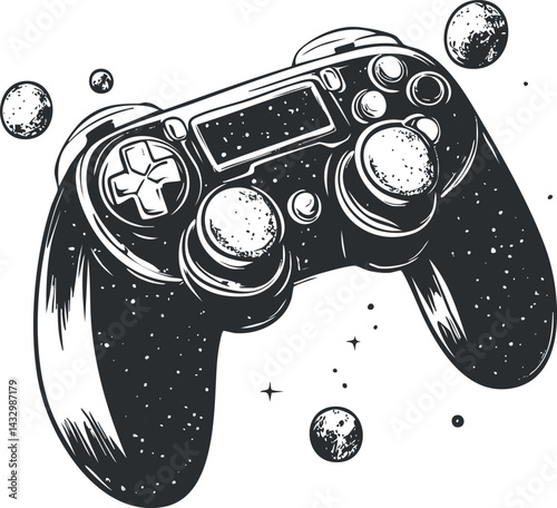 Black and white illustration of a video game controller surrounded by planets and stars symbolizing cosmic gaming experience