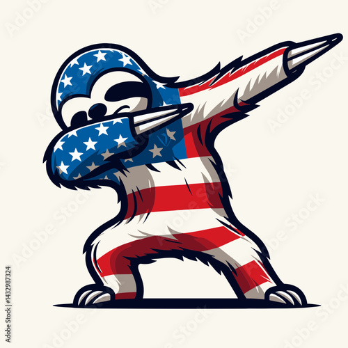 sloth wear american flag dabbing. Funny Animal Vector Clip art. Lazy mammal donning patriotic banner executing joyful dance gesture.