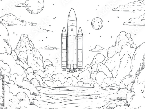 Black and white illustration of a rocket launching into space surrounded by clouds and planets in the sky