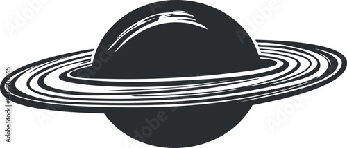 Black and white illustration of a ringed planet resembling Saturn with prominent orbital rings