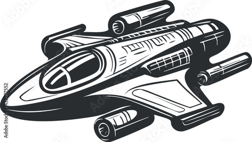 Black and white illustration of a futuristic spaceship or starfighter in flight, designed for space exploration.