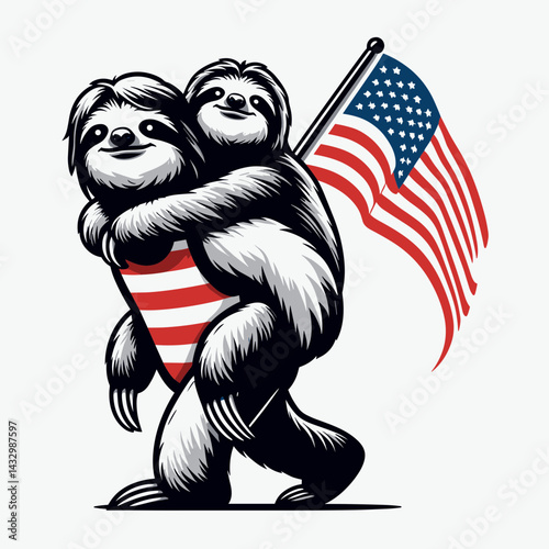 sloth wear american flag Giving a piggyback ride. Funny Animal Vector Clip art. Slow mammal donning star spangled banner on back transport patriotic theme.