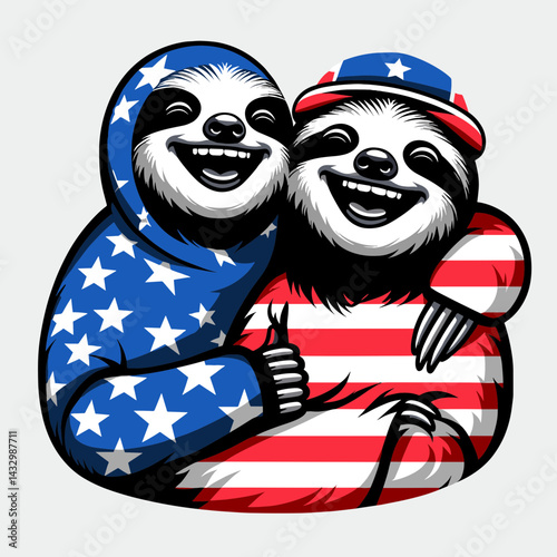 sloth wear american flag Laughing Together. Funny Animal Vector Clip art. Critter donning stars and stripes joyfully chuckling with companionship.