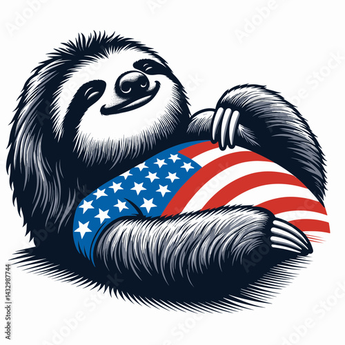 sloth wear american flag lying down on back Laughing Together. Funny Animal Vector Clip art. Slow mammal donning star-spangled banner resting supine giggling jointly.