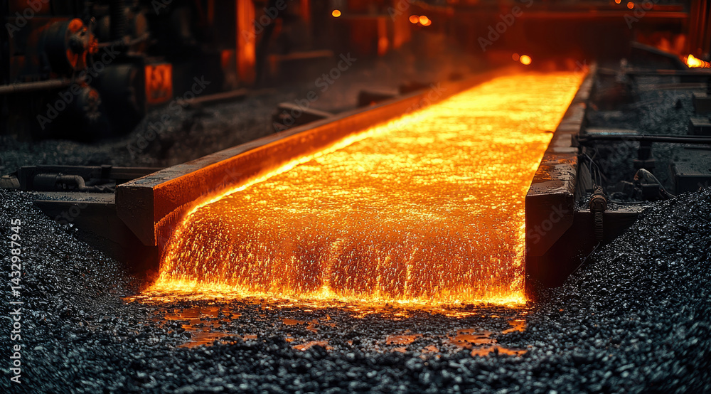 Molten steel flows steadily in steel mill, creating vibrant orange river of liquid metal. intense heat and glowing color evoke sense of industrial power and transformation