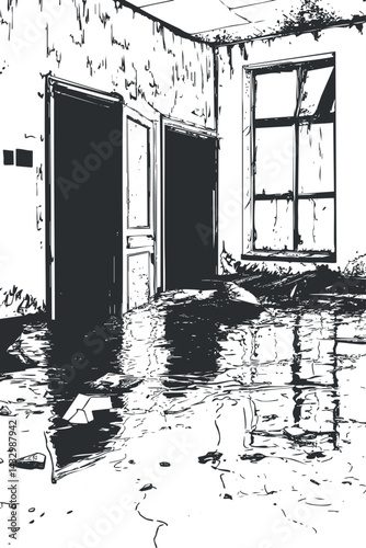Black and white illustration of an abandoned flooded room with damaged walls, doors, and a broken window.