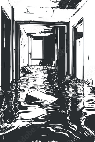 Black and white illustration of a flooded hallway inside a building with water damage and debris floating