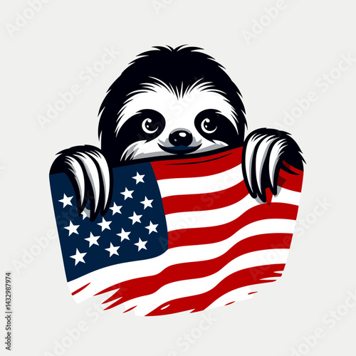 sloth wear american flag peeking. Funny Animal Vector Clip art. Slow mammal attire us banner looking patriotic emblem design novelty item.