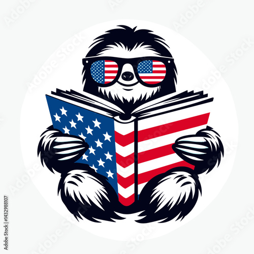 sloth wear american flag Reading together. Funny Animal Vector Clip art. Lounging national banner attire joint perusal literature lazy garment.