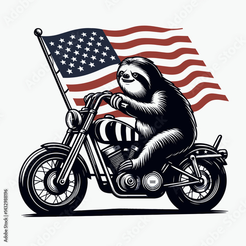 sloth wear american flag ride a classic motorcycle. Funny Animal Vector Clip art. Leisurely creature donning usa banner cruising vintage motorbike.