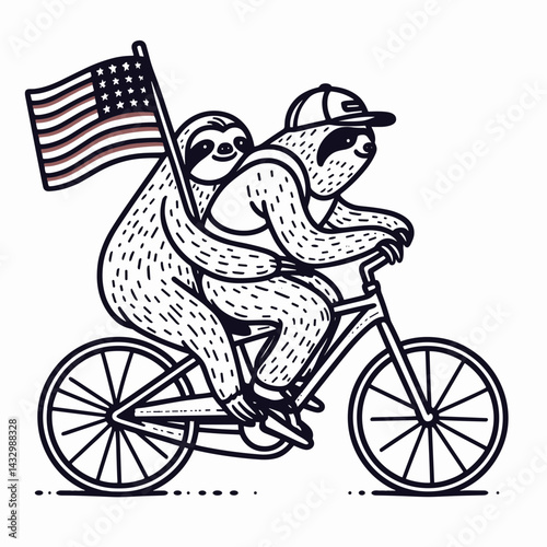 sloth wear american flag Riding a bicycle together. Funny Animal Vector Clip art. Leisurely mammal donning stars-and-stripes on cycle patriotic biking journey.