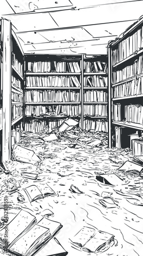 Black and white sketch of a messy library room filled with books scattered on the floor and shelves packed with books